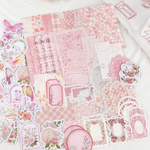 ZUFECY Pink Scrapbook Paper Kit, 100 Pieces, Vintage Floral Theme, for Junk Journal, Card Making, Planner Decor and DIY Crafts - Image 3