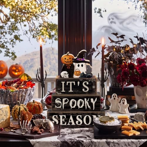 Moucuny 4 Pcs Halloween Table Decor Pumpkin Ghost Wood Stacked Block Decor - Image 4