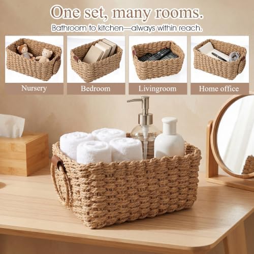 3 Pcs Woven Storage Basket, Multi Size Paper Rope Small Wicker Basket Storage Bins, Small Bathroom Baskets for Organizing Shelves, Cabinet, Pantry, Living Room, Wedding Bathroom - Brown - Image 6