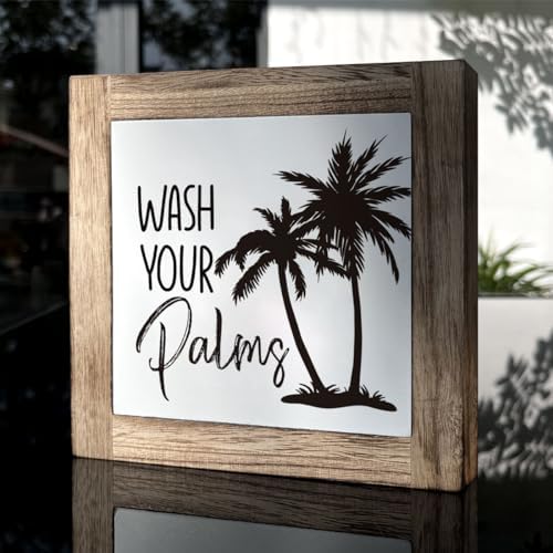 Wooden Box Sign for Bathroom Decor - Farmhouse Tabletop Washroom Decor, Tropical and Coastal Style - B6-68 Wash Your Palms Sign - Image 3
