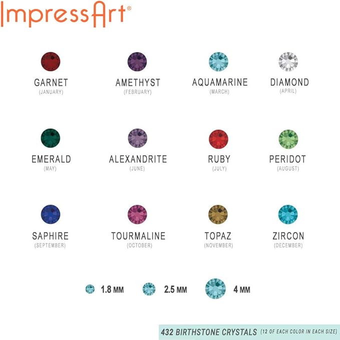 ImpressArt - Birthstone Colored Mixed Crystals Pack, Crystal Setter Refills | Includes 432 Crystals: 12 Colors in 3 Sizes (1.8mm, 2.5mm, and 4mm)