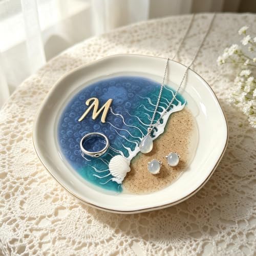 Ocean Resin Jewelry Tray, Ceramic Ring Dish with Gold Trim, Beach Wave Jewelry Holder Organizer for Vanity, Bathroom, Nightstand, Small Decorative Trinket Dish for Women (M) by Unknown