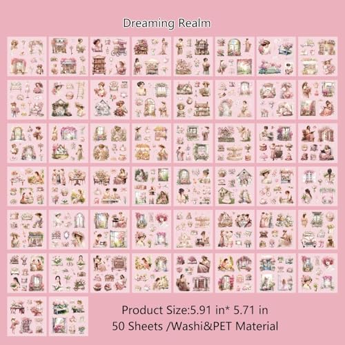 50 Sheets Washi Journaling Sticker Books for Journaling Supplies, Aesthetic Stickers for Scrapbooking, Junk Journal Supplies, Planner, Notebook(Dreaming Realm) - Image 3