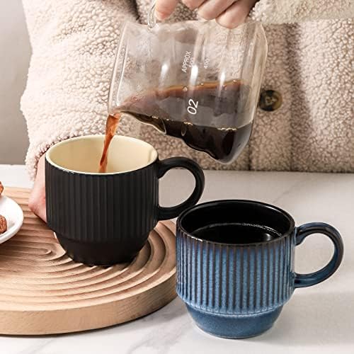 Hasense Black Coffee Mug Porcelain Set of 4 with Rack - 12 oz Stackable Coffee Cups Ceramic, Modern Ribbed Latte Cup Sets for Cappuccino, Tea, Espresso, Hot Cocoa, Drinks - Dishwasher & Microwave Safe - Image 6
