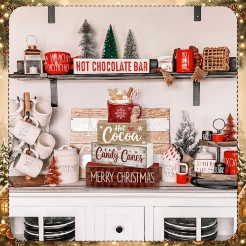 Moucuny 4 Pcs Christmas Table Decorations Wooden Hot Chocolate Cocoa Stacked Wooden Blocks Christmas Tiered Tray Decor with Cocoa Mug, Candy Canes Winter Centerpiece for Home Offiece Coffee Bar - Image 4