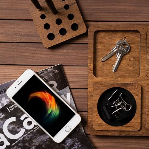 Vigo Wood 6-Compartment Desk Organizer, Vertical Phone Holder Stand, Pen Paperclip Note Storage for Home Office Accessories Large (Walnut) - Image 4