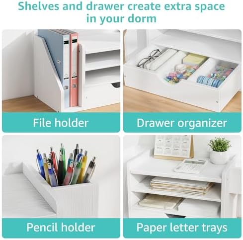 Wood Desk Organizers and Accessories with Drawer - White 3 Tier Paper Tray and Desktop Storage Caddy for Office Supplies, Slanted File Folder Holder and Pen Cup, Dorm Essentials for School - Image 6