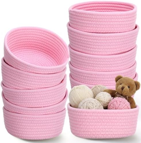 Yinkin 12 Pack Small Storage Basket Cute Natural Cotton Rope Woven Basket Tiny Boho Decorative Toy Storage Bin Gift Baskets for Home Organizing, Closet, Shelf, Nursery, Bathroom(Round,Pink) by Yinkin