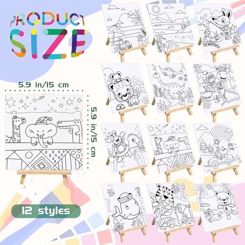 SytuHete 48PCS 12 Sets Printed Canvas Paint Art 12 Pcs Wooden Easel Set Paint Pots and Brushes and 12 Pre Drawn Canvas Panel 12 Pcs Mini Apron and Tote Bag for Kids(Classic) - Image 2