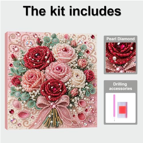 DIY Pearl Painting Kit for Adults, Rose Flower Gem Art with Wood Frame, 20x20cm Pearl Diamond Craft, Floral Wall Decor Gift for Women, Beginners Relaxing Hobby Kit - Image 5