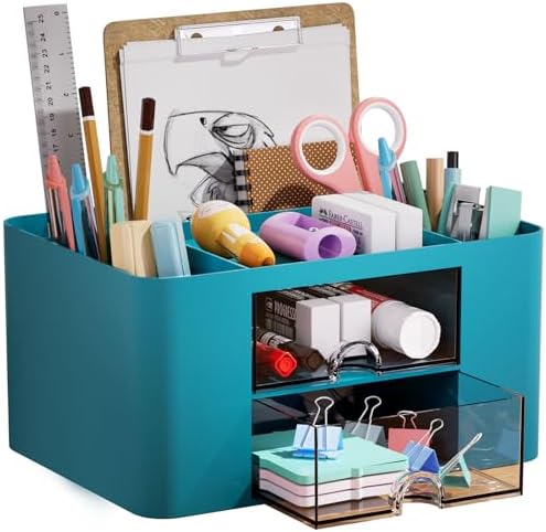 Marbrasse Pen Organizer with 2 Drawer, Multi-Functional Pencil Holder for Desk, Desk Organizers and Accessories with 5 Compartments + Drawer for Office Art Supplies (Dark Green) by Marbrasse