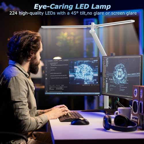 Airlonv LED Desk Lamp, Double Swing Arm Wide Lighting Area Desk Lamps for Home Office with Stepless Dimming, Eye-Caring Architect Desk Light with Clamp for Reading, Study, Workbench, Drafting(White) - Image 6