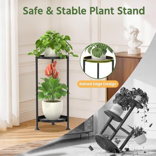 LASZOLA Plant Stand Indoor Tall Corner with Large Metal Tray, 2 Tier Black - Image 6