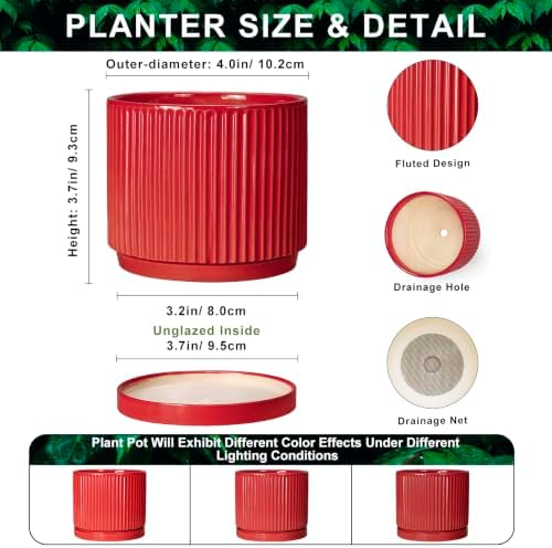 Ceramic Pots for Plants, 4 Inch Planter, Round Plant Pots, Red - Image 2