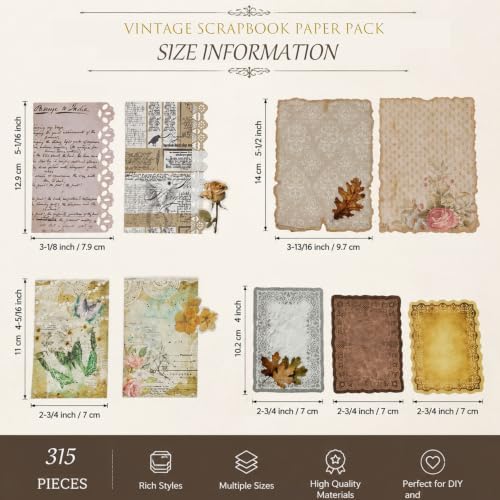 315 Sheets Vintage Scrapbook Supplies Paper Pack with Floral PET Stickers - Image 3