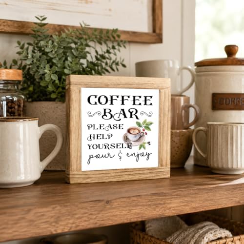 Coffee Bar Help Yourself Wood Sign, Pour And Enjoy Coffee Station Decor, Vintage Cafe Kitchen Plaque, Rustic Counter Shelf Accent For Pantry Breakfast Nook Home Office, 5.9 x 5.9 in - Image 3