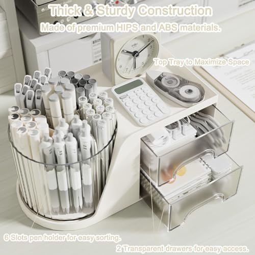 SAYEEC Rotating Desk Organizer with 2 Drawer 6 Slots Multi-Functional Pencil Pen Holder Desktop Makeup Organizer Stationery Accessories Storage Box Caddy for Office School Home Art Supplies (White) - Image 3