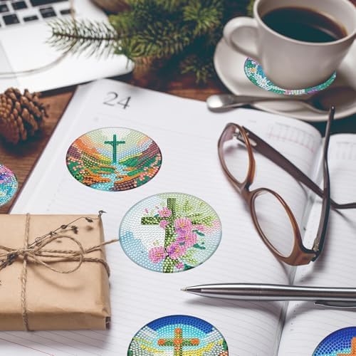 8 Pieces Crosses Diamond Coasters with Holder DIY Crosses Diamond Art Coasters 5d Full Drill Diamond Art Decor Acrylic Round Cup Coaster with Cork Pads for Adults - Image 5