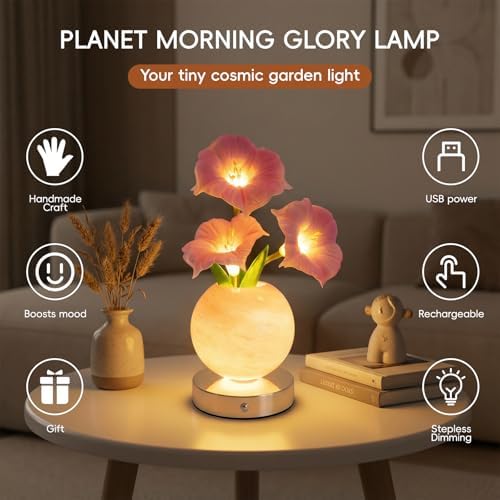 Pink Morning Glory Lamp – Rechargeable Wireless Touch-Control Dimmable Faux Flower Desk Light, LED Glass Planet Vase Night Light, Kitchen Bedroom Office Decor, Housewarming Gift Women and Mom - Image 2