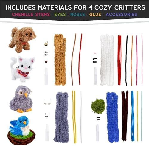 WeVeel Cozy Craftworks Kitty, Puppy, Blue Bird & Owl Chenille Stem Craft Kit Bundle for Teens & Adults – Mindful DIY Animal Craft, Tactile Pipe Cleaner Art Kit with QR Video Tutorials - Image 2