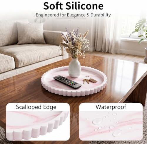 Silicone Bathroom Vanity Trays for Counter - 9.1 Inch Round Small Bathroom Tray with Scalloped Edge, Coffee Table Decor, Decorative Tray for Candle Key Skincare Perfume Storage, Marble White Pink - Image 3