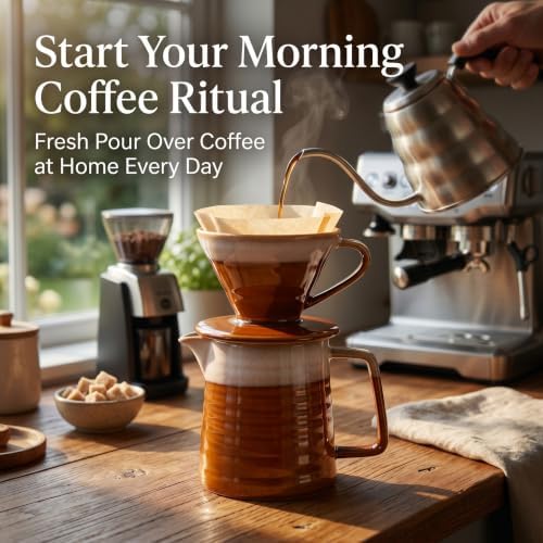 Topadorn 15oz Pour Over Coffee Maker Set, Ceramic Dripper & Carafe,Brown - Image 4