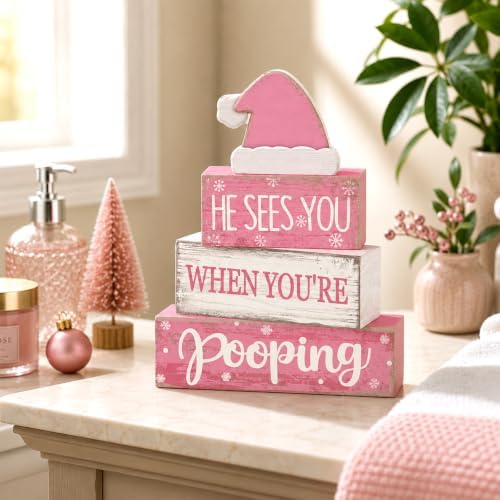 Moucuny 4 Pcs Funny Christmas Bathroom Decor Pink Santa Hat Wooden Signs - Image 2