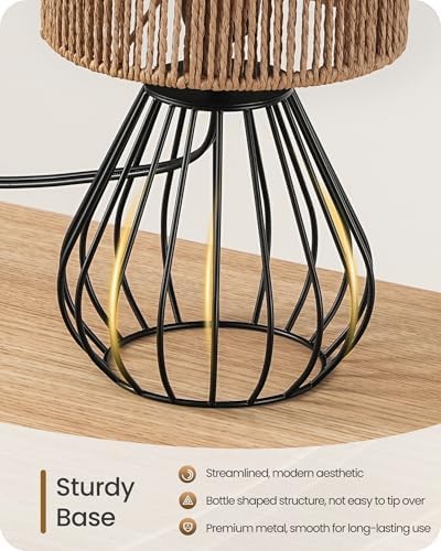 Rattan Table Lamp, Boho Table Lamp, Small Bedside Lamp, Handwoven Paper Lampshade, 2700K LED Bulb Included, Boho Desk Lamp, Modern Nightstand Lamp for Bedroom, Living Room, Striped SW06TL05 - Image 5
