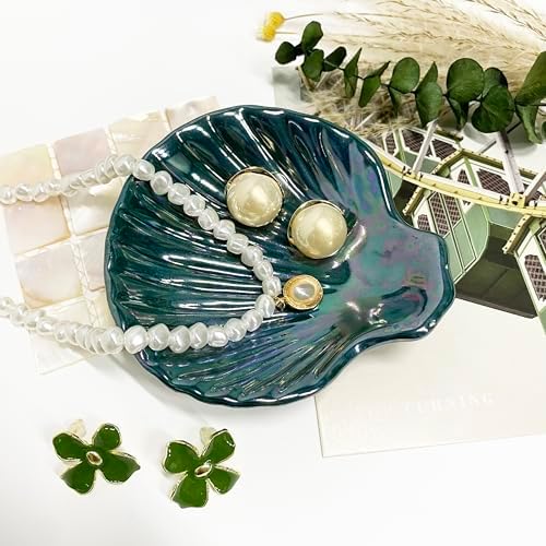 Seashell Trinket Tray, Ceramic Ring Holder Dish for Earrings Necklace, Shell Jewelry Dish Tray, Ocean Room Decor, Birthday Mother's Day Christmas Gift for Women, 3.9", Deep Teal Iridescent Surface - Image 3
