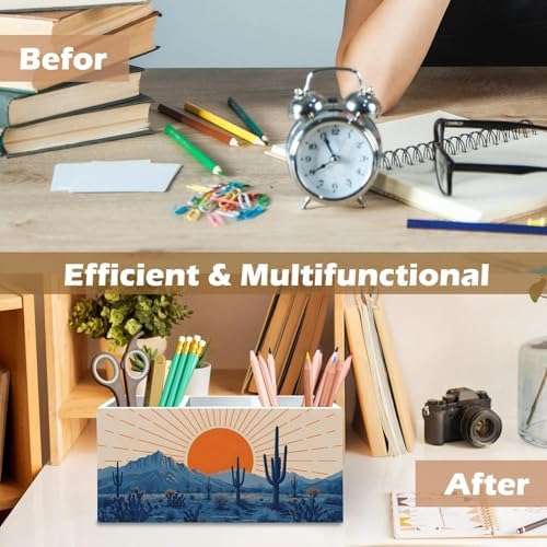 DILSJ Western Boho Pen Pencil Holder Organizer for Desk, Boho Office Decor, Abstract Sunshine Western Desert Cactus Landscape Wooden Box Signs for Home Office Desk Tabletop Decoration - Image 6