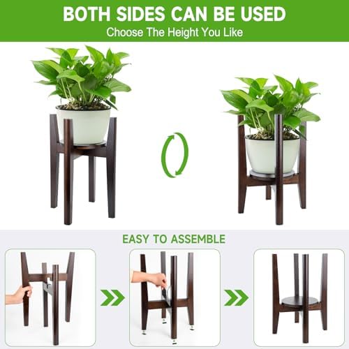 Adjustable Plant Stand with Tray,Indoor Wood Plant Stand Fit 8'' to 12'' Planter,Mid Century Modern Flower Pot Holder Rack(Plant and Pot Not Included) - Image 2