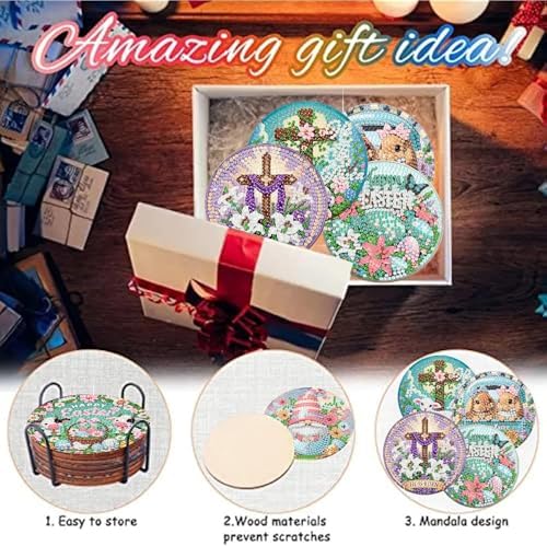 NEGEKFKX 8 Pcs Easter Diamond Art Painting Coasters Kits,Christianity Coaster with Holder for Adults, Non-Slip DIY Dot Paint Craft Kits,5D Full Drill DIY Diamond Dot Gem Art Kit Home Decor Arts Craft - Image 6