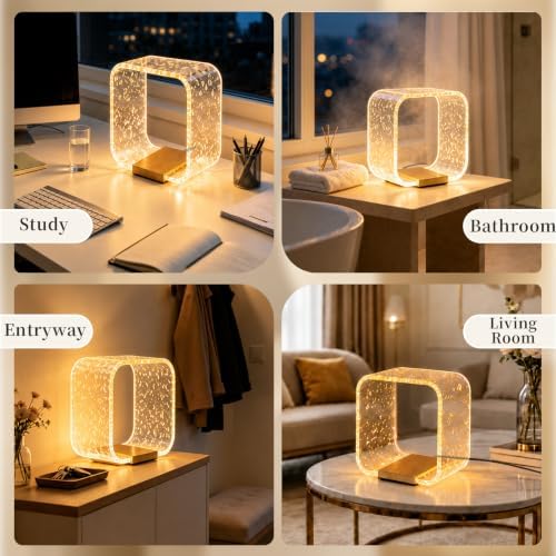 LED Small Table Lamp, Modern Minimalist Square Hollow Acrylic Nightstand Lamp, Warm Plug-in Desk Lamp for Bedroom Living Room Home Decor - Image 5