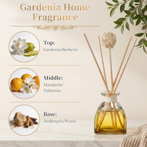 Gardenia Reed Diffuser Set, 2 Pack 1.7 fl oz Glass Bottles, 5 Rattan Sticks & Rattan Ball, Plant-Based Non-Toxic Essential Oil, Creamy Long-Lasting Home Fragrance for Bedroom Living Room - Image 4