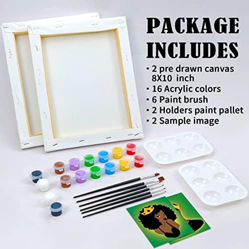VOCHIC 2 Pack Paint and Sip Kit Pre Drawn Canvas to Paint for Adults Stretched Canvases Painting Party Art Set Couples Date Night Games Afro Queen King 8x10 Inches - Image 5