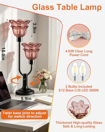 Lightdot Mid Century Modern Table Lamp Red Flower Glass Lamp Gift Dimmable - Image 2