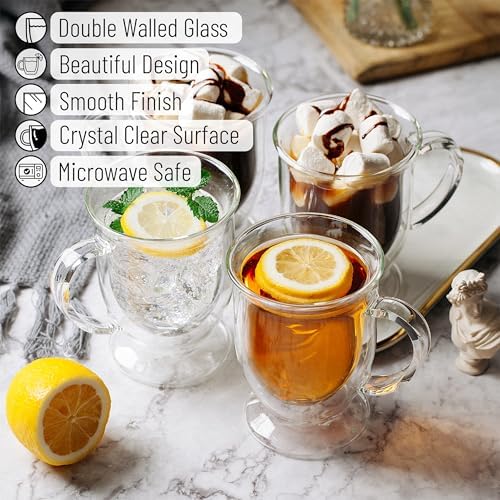 BTaT- Double Walled Glass Coffee Mugs, 12 oz, Set of 4, Glass Coffee Cups with Handle, Insulated Clear Coffee Mug for Hot and Cold Beverages, Cappuccino, Latte, Tea, Americano, Microwave Safe - Image 3