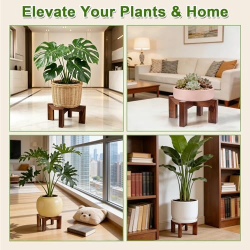 Wood Plant Stand Indoor Outdoor, Mid Century Modern Planter Holder, Sturdy Plant Pot Stand, Single Floor Flower Pot Holder (Walnut, Fit 5-10 Inch Pots) - Image 4