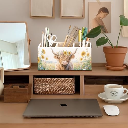 Highland Cow Floral Pen Pencil Holder for Desk, Highland Cow Gifts, Western Office Decor, Rustic Western Cattle Farm Animal Wooden Box Sign Decorations for Home Office Desk Tabletop - Image 3