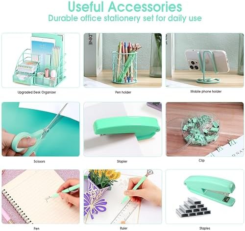 KAAKOW Green Desk Organizers and Accessories Office Supplies Set Stapler, Pen Holder, Phone Holder, Scissors, Pen, Ruler, 30 Paper Clips, 22 Binder Clip, 20 Tacks and 1000pcs Staples - Image 5