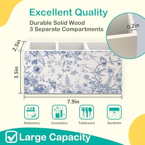Chinoiserie Floarl Pen Holder for Home Office Desk, Vintage Home Decor, Chinoiserie Blue and White Floral Birds Makeup Brush Toothbrush Holder Organizer for Bathroom Desk Accessories - Image 2