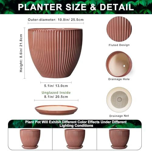 10 Inch Planter, Ceramic Flower Pot with Drainage Hole and Saucer, Round Indoor Plant Pots for Large Plants, Modern Decorative Planter, Home Kitchen Decor, Gifts for Men Women, Rust Red - Image 2