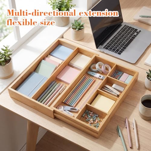 Bamboo Sliding Desk Drawer Organizer 8.2'' up to 16.4'' x 14.4'' x 2.2'' Expandable Office Desk Accessories Supplies Tray with 7 Compartments for Pens, Notebooks, Rulers, and Makeup Jewelry Vanity - Image 4
