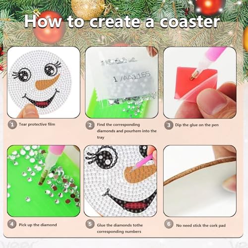 8 Pcs Christmas Snowman Face Diamond Coasters Kits Christmas Snowman Face DIY Coasters with Holder Holiday Xmas Holiday Diamond Coasters for Beginner Adult Winter - Image 3
