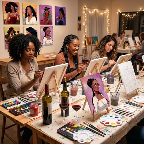 Ctosree 72 Pcs Fashion Women Paint and Sip Kit for Adults 8'' x 10'' Pre Drawn Canvas for Painting DIY Pre Printed Canvas for Party Favor Acrylic Painting Kit Wood Easel Brushes Date Night Bulk - Image 6