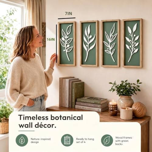 3D Tree Leaf Boho Wall Art, Sage Green, Wooden Framed, Set of 4 - Image 2