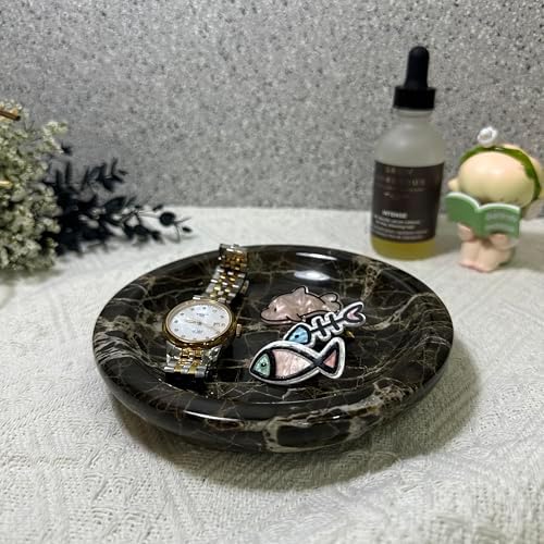 Natural Marble Tray, Dark Brown Round Marble Vanity Tray, Luxury Decorative Jewelry Dish, Non-Slip Countertop Storage Tray for Bathroom Dresser Entryway Coffee Table Home Decor - Image 5