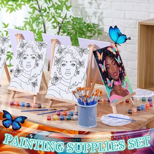 Motipuns 6 Set Pre Drawn Canvas for Painting for Adults Sip and Paint Kit with Easels 8 x 10 Inches Paint Party Kit with Printed Canvas Paints Brushes Palette Apron(Butterfly Girl) - Image 3