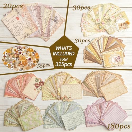 315 Sheets Vintage Scrapbook Supplies Paper Pack with Floral PET Stickers - Image 2