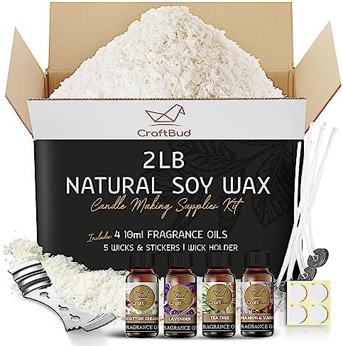 CraftBud Soy Candle Wax for Candle Making – Natural Soy Wax for Candle Making 2 lb Bag, Candle Making Wax, 2 Lbs. Soy Wax Flakes, 5 Candle Wicks, 4 Wick Stickers, and 1 Metal Centering Device by CraftBud